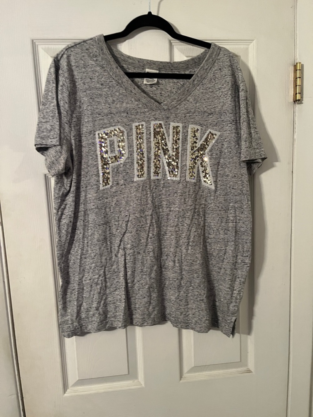 PINK Grey Heather V-Neck Tee with Gold Sequin Logo